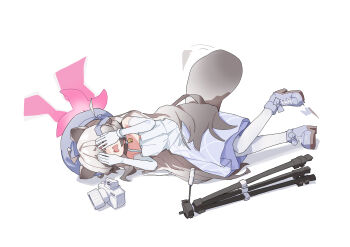 1girl absurdres adon_(dufaladanidu) ahoge animal_ears bell blue_archive boots camera covering_own_eyes dress elbow_gloves full_body gloves grey_hair halo hat highres jingle_bell long_hair lying michiru_(blue_archive) michiru_(dress)_(blue_archive) neck_bell on_side open_mouth pantyhose pink_halo raccoon_ears raccoon_girl raccoon_tail simple_background sleeveless sleeveless_dress solo tail white_background white_dress white_gloves white_pantyhose