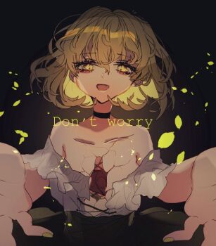 1girl black_background black_choker blonde_hair choker collarbone commentary_request cracked_skin english_text looking_at_viewer one-hour_drawing_challenge open_mouth reaching reaching_towards_viewer shinjitsu_no_kuchi shirt short_hair smile soga_no_tojiko solo touhou upper_body white_shirt yellow_eyes