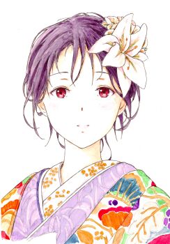 Rule 34 | 1girl, absurdres, alternate costume, alternate hairstyle, bbmasa, closed mouth, commentary, flower, hair flower, hair ornament, hibike! euphonium, highres, japanese clothes, kimono, liz to aoi tori, looking at viewer, print kimono, red eyes, short hair, simple background, solo, straight-on, traditional media, white background, yoroizuka mizore