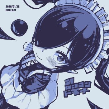 1girl alternate_costume apron backbeako_(torotei) backbeard blue_background blue_theme blush closed_mouth commentary dated dated_commentary dress dutch_angle enmaided from_above gegege_no_kitarou hair_over_one_eye hand_on_own_stomach hand_up kono_lolicon_domome long_hair looking_at_viewer looking_up maid maid_headdress monochrome original paid_reward_available pointy_ears short_sleeves simple_background smile solo torotei translated turning_head twintails waist_apron watermark web_address