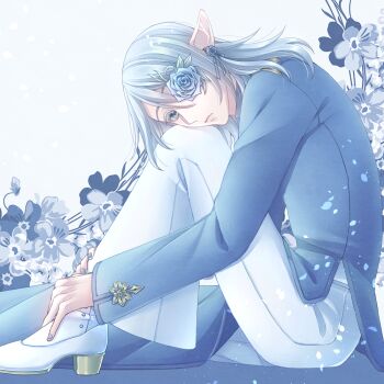 Rule 34 | 1boy, androgynous, blue flower, blue hair, blue nails, blue rose, blue shirt, blue theme, colored eyelashes, commentary request, earrings, elezen, elf, final fantasy, final fantasy xiv, flower, flower earrings, flower over eye, full body, head on knee, jewelry, knee up, kuro11 222, long hair, looking at viewer, male focus, one eye covered, pants, pointy ears, rose, shirt, shoes, sitting, solo, warrior of light (ff14), white background, white pants, white shoes, white theme