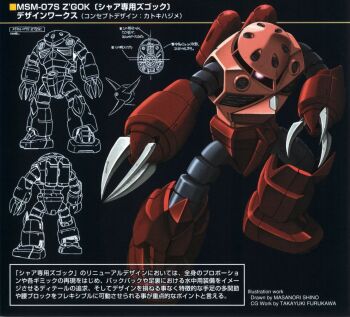 akutsu_jun&#039;ichi arm_cannon claws comparison gundam lineart machinery mecha mecha_focus mixed-language_text mobile_suit mobile_suit_gundam multiple_views no_humans one-eyed robot science_fiction translation_request weapon z&#039;gok_char_custom zeon