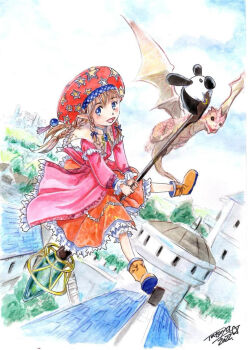 1girl boots braid braided_sidelocks broom broom_riding brown_hair building capelet commentary day dragon dutch_angle flying frilled_capelet frilled_skirt frilled_sleeves frills hat looking_at_viewer medium_hair open_mouth original outdoors pink_shirt pointy_ears print_hat red_hat red_skirt shirt sidelocks skirt smile solo star_(symbol) star_print tatsuya1227 town white_capelet yellow_boots