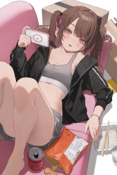 1girl absurdres black_jacket blush breasts brown_hair can cellphone chopsticks cleavage colored_inner_hair commentary_request couch grey_shorts grey_sports_bra hamunezuko_(nezukonezu32) highres holding holding_phone jacket long_hair looking_at_viewer medium_breasts multicolored_hair open_clothes open_jacket open_mouth original phone pink_eyes pink_hair shorts smartphone solo sports_bra stomach twintails