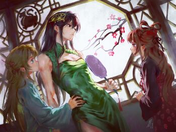 1boy 2girls absurdres black_hair blue_dress blue_eyes branch brown_hair cleavage_cutout closed_mouth clothing_cutout commentary cowboy_shot crossdressing crossdressing_(mtf) day dress dutch_angle english_commentary evil_neuro-sama from_side green_dress hair_between_eyes hair_ornament hand_fan heart heart_hair_ornament highres holding holding_fan indoors long_hair multiple_girls neuro-sama personification profile red_dress red_eyes siblings sisters sleeveless sleeveless_dress twins vedal987 vedal_ai virtual_youtuber yngxx1895996