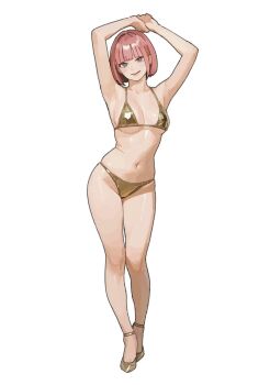 1girl armpits arms_up bare_arms bare_legs bare_shoulders bikini blue_eyes blunt_bangs breasts commentary full_body gold_bikini gold_shoes golden_week h4sh1rnoto highres looking_at_viewer medium_breasts navel original pink_hair shoes short_hair simple_background smile solo standing stomach swimsuit white_background