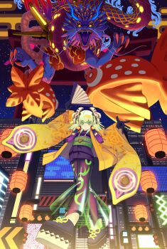1girl bebebe_mayakasi black_gloves black_pantyhose dragon duel_monster fang gloves green_hair highres japanese_clothes kimono night noh-p.u.n.k._ze_amin open_mouth pantyhose purple_kimono sharp_teeth solo_focus teeth torii wide_sleeves yellow_sleeves yu-gi-oh!