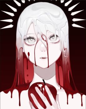 Rule 34 | 1other, ambiguous gender, apple, colored skin, commentary, english commentary, fangs, food, fruit, gradient background, gradient hair, grey eyes, holding, holding food, holding fruit, liquid hair, long hair, looking at viewer, multicolored hair, original, parted lips, portrait, red hair, sharp teeth, teeth, two-tone hair, unfinished, white hair, white skin, yoimon