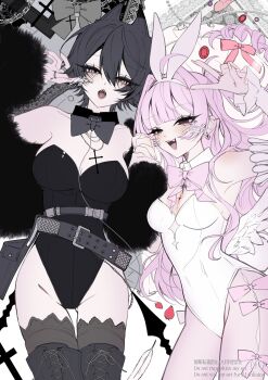 2girls 402_(o0_xxx) animal_ear_hairband animal_ears bare_shoulders black_bow black_bowtie black_eyes black_hair black_leotard black_thighhighs blush bow bowtie breasts cowboy_shot detached_collar detached_sleeves double-parted_bangs fake_animal_ears fake_tail feathered_wings fingernails flat_color fur_(clothing) grey_eyes groin hair_between_eyes hairband hand_up highleg highleg_leotard highres holding_hands jewelry large_breasts leotard long_hair looking_at_viewer multiple_girls open_mouth original pantyhose pink_bow pink_bowtie pink_hair pink_pantyhose playboy_bunny rabbit_ear_hairband rabbit_ears rabbit_tail ring short_hair small_breasts smile strapless strapless_leotard tail thigh_gap thighhighs v white_leotard wings