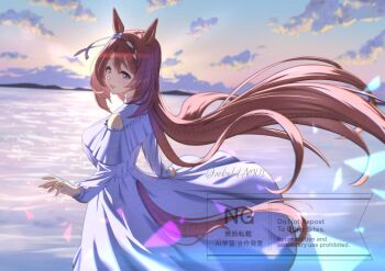 1girl animal_ears blue_eyes blue_sky blush bow braid breasts brown_hair clothing_cutout cloud comiket_107 dress hair_between_eyes horse_ears horse_girl horse_tail large_breasts long_hair long_sleeves multicolored_hair ocean oekakikamui open_mouth outdoors shoulder_cutout sky smile solo streaked_hair super_creek_(umamusume) tail umamusume very_long_hair water white_dress white_hair