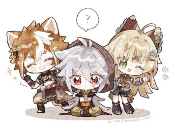 1girl 2boys :< ;d ? ^_^ ahoge animal_ears animal_feet antenna_hair armor artist_name bell black_choker black_coat black_collar black_footwear black_gloves black_leg_warmers blue_bow blue_skirt blue_sleeves blunt_bangs blush blush_stickers boots bow brown_gloves brown_hair brown_shirt chibi chibi_only choker clenched_hand closed_eyes closed_mouth coat collar commentary_request crop_top detached_sleeves dog_boy dog_ears dog_tail double-parted_bangs ema facial_scar fang genshin_impact gloves gorou_(genshin_impact) green_eyes green_pants grey_hair grey_pants grin hair_between_eyes hair_bow hair_ornament hairclip hand_up highres hood hood_up hooded_coat igote japanese_armor jewelry jingle_bell kirara_(genshin_impact) kouhaku_nawa leg_warmers long_hair looking_at_viewer multicolored_hair multiple_boys navel necklace nekorune_(bukubuku_awai) one_eye_closed open_mouth pants paw_print pleated_skirt pom_pom_(clothes) puffy_detached_sleeves puffy_sleeves razor_(genshin_impact) red_eyes rope scar scar_on_cheek scar_on_face shadow shimenawa shirt short_eyebrows short_hair short_sleeves shoulder_armor sidelocks simple_background single_sode sitting skirt sleeveless sleeveless_coat smile sode sparkle speech_bubble spoken_question_mark standing streaked_hair tail tassel teeth tooth_necklace twitter_username v v-shaped_eyebrows v_arms very_long_hair white_background white_hair x_hair_ornament