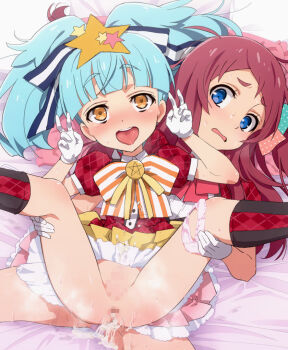 1boy 1girl aftersex assisted_exposure bed blue_eyes blue_hair blush censored cum cum_in_ass cum_on_clothes double_v gloves hair_ornament hair_ribbon hoshikawa_lily long_hair minamoto_sakura mosaic_censoring mushiro_(nijie728995) open_mouth panties panties_around_leg penis pillow red_hair ribbon saliva shota small_penis socks spread_legs star_(symbol) star_hair_ornament sweat tears teeth tongue tongue_out trap twintails underwear v yellow_eyes zombie_land_saga