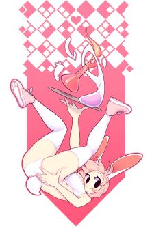 1girl absurdres animal_ears ass bare_arms bare_shoulders black_eyes bra breasts commentary english_commentary fiz_(fizintine) fizintine flask full_body hand_on_own_ass highres holding holding_tray large_breasts legs_up looking_at_viewer no_pupils original panties paw_print_soles pink_hair pink_shoes potion rabbit_ears rabbit_girl rabbit_tail shoes simple_background smile sneakers solo tail thighhighs tray two-tone_background underwear underwear_only white_background white_bra white_panties white_thighhighs