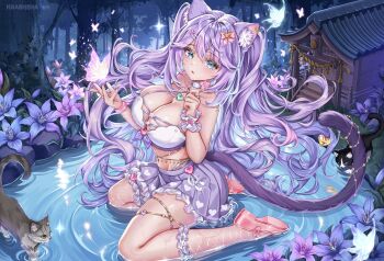 1girl animal_ears artist_name asymmetrical_legwear blue_eyes blue_flower bow breasts bug butterfly cat cat_ears cat_girl cat_tail choker cleavage commission eyelashes fishnet_pantyhose fishnet_socks fishnets flower hair_bow heart highres indie_virtual_youtuber insect jewelry krashena long_hair meowjennycat navel pantyhose pink_bow pink_butterfly pink_shoes pleated_skirt purple_hair purple_skirt ring shoes single_leg_pantyhose skirt socks stomach tail virtual_youtuber water white_choker