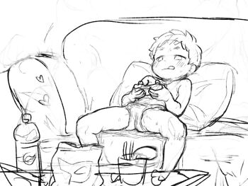 1girl blush closed_mouth controller couch feet_out_of_frame female_focus game_controller heart holding holding_controller holding_game_controller kurotsuki_(luowei99) loli monochrome original panties pillow reclining short_hair sketch solo spread_legs thighs tongue tongue_out topless_female underwear webp-to-png_conversion