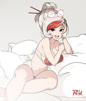 1girl bikini breasts glasses glasses_on_head hyrule_warriors:_age_of_calamity large_breasts multicolored_hair nintendo purah r3dfive red_hair sheikah side-tie_bikini_bottom solo stomach streaked_hair swimsuit the_legend_of_zelda the_legend_of_zelda:_breath_of_the_wild thighs white_hair