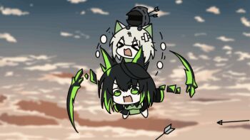 &gt;_&lt; 1other 2girls :d animal_ears animated animated_gif arknights arrow_(projectile) black_hair black_hood cat_ears cat_girl chibi doctor_(arknights) explosion flying green_eyes green_hair kal&#039;tsit_(arknights) medium_hair mon3tr_(arknights) multicolored_hair multiple_girls open_mouth panicking sky sleeves_past_fingers sleeves_past_wrists smile streaked_hair xd zhengzhide_longxiajun