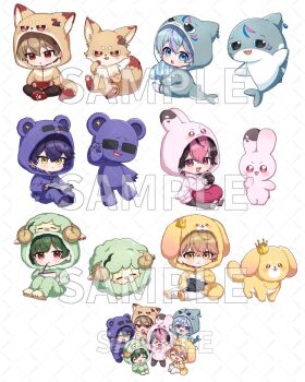 Rule 34 | > <, 6+boys, :d, animal, animal ears, animal hood, bear ears, bear hood, black hair, black pants, blue eyes, blue hair, brown eyes, brown hair, brown jacket, brown pants, chibi, closed eyes, commentary request, copyright request, dog, dog ears, dog hood, dolphin, fake animal ears, fake horns, fox, fox ears, fox hood, green hoodie, green pants, grey shorts, highres, hood, hood up, hooded jacket, hoodie, horns, hugging object, jacket, male focus, multicolored hair, multiple boys, no shoes, open mouth, pants, pillow, pillow hug, pink hair, pink jacket, purple eyes, purple hair, purple jacket, purple pants, purple slippers, rabbit ears, rabbit hood, red eyes, red slippers, sample watermark, sheep, sheep hood, sheep horns, shoe soles, shorts, sitting, slippers, smile, socks, streaked hair, stuffed animal, stuffed rabbit, stuffed toy, teddy bear, two-tone hair, watermark, white pants, white socks, xd, yamabukiiro, yellow eyes, yellow jacket