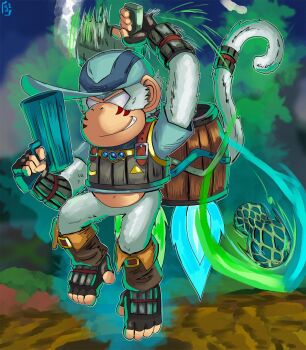 1boy alternate_color alternate_costume alternate_eye_color alternate_fur_color alternate_weapon animal_ears armor arms_up aura banana banana_print barrel baseball_cap belt belt_buckle blue_fire blue_gemstone brown_footwear buckle chest_jewel commentary corruption crossover dark_persona diddy_kong donkey_kong_(series) donkey_kong_country double_helix dual_wielding english_commentary english_text evil_grin evil_smile facial_tattoo fierce_deity fingerless_gloves fire firing floating food food_print fruit fruit_print furry gem gloves glowing green_fire grin gun hal_laboratory handgun hat highres holding holding_gun holding_weapon jetpack letter_print looking_at_viewer male_focus monkey monkey_boy monkey_ears monkey_tail nintendo no_pupils peanut possessed possession rareware smile smirk stoic_seraphim super_smash_bros. tail tattoo teeth the_legend_of_zelda the_legend_of_zelda:_majora's_mask toeless_footwear triangle triangle_print weapon white_eyes white_fur wrist_guards