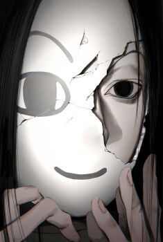 1boy black_eyes black_hair broken_mask buchang0 character_request check_character close-up cracked_kawaii_mask cracked_mask fingernails highres hunter_x_hunter illumi_zoldyck long_hair male_focus mask smile solo