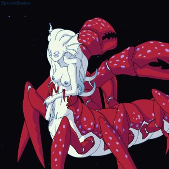 1girl animated animated_gif arthropod_girl arthropod_limbs black_background blue_eyes blue_nipples bouncing_breasts breasts carapace claws colored_nipples commentary completely_nude english_commentary epsilonshadow extra_arms extra_eyes fins head_fins ilsynsene lobster_girl long_fingers medium_breasts monster_girl no_mouth no_pupils nude original pale_skin pussy simple_background skirt solo stomach taur tentacle_hair