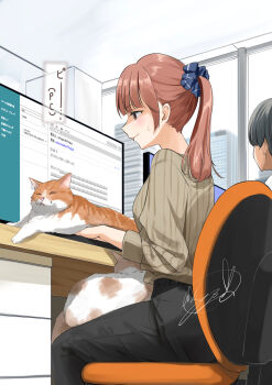 1boy 1girl black_hair black_pants blue_scrunchie brown_hair cat chair closed_mouth commentary_request computer desk hair_behind_ear highres indoors long_hair on_chair original pants partial_commentary ponytail profile scrunchie signature sitting slice_of_life solo_focus soragane_(banisinngurei) sweatdrop