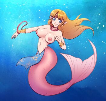 1girl absurdres alternate_species bead_necklace beads blonde_hair blue_background blue_eyes breasts breasts_out brellom earrings female_focus fins fish_tail highres jewelry long_hair medium_breasts mermaid mermaid_tail mermaid_transformation monster_girl necklace nintendo nipples no_bra ocean pink_tail pointy_ears princess_zelda smile solo tail the_legend_of_zelda the_legend_of_zelda:_a_link_between_worlds underwater water
