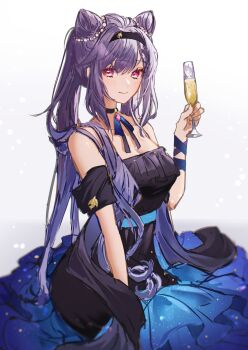 Rule 34 | 1girl, absurdres, bare shoulders, black dress, black hairband, blue dress, choker, cone hair bun, cowboy shot, cup, double bun, dress, drinking glass, genshin impact, hair bun, hairband, highres, holding, holding cup, keqing (genshin impact), light smile, long hair, looking at viewer, off shoulder, pink eyes, purple eyes, purple hair, rayla (rayla illust), red eyes, sidelocks, sketch, solo, starry sky print, strapless, strapless dress, twintails, very long hair, white background, wine glass