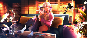2girls absurdres coffee_mug coffee_pot couch cup dark-skinned_female dark_skin drink_carton feet_on_table highres hololive hololive_english joy-con lamp long_hair macchirei milk_carton mug multiple_girls ninomae_ina'nis picture_frame plant playing_games potted_plant sitting sitting_on_lap sitting_on_person slippers smile takodachi_(ninomae_ina'nis) tsukumo_sana virtual_youtuber yatagarasu_(tsukumo_sana)