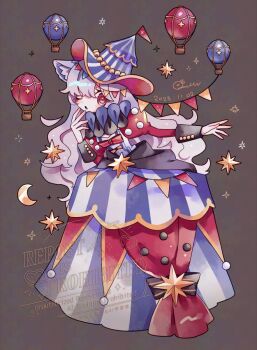 1girl ;o aircraft animal_ear_fluff animal_ears blue_dress blue_hat brown_background cat_ears cat_girl commentary_request crescent dated dress full_body grey_hair hand_up hat hot_air_balloon juliet_sleeves long_hair long_sleeves looking_at_viewer mochimura_sorata multicolored_dress neck_ruff one_eye_closed open_mouth original puffy_sleeves red_dress red_eyes signature simple_background solo standing striped_clothes striped_dress striped_headwear vertical-striped_clothes vertical-striped_dress vertical-striped_headwear watermark