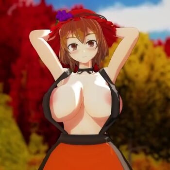 1boy 1girl 3d aki_minoriko animated armpits arms_behind_head autumn blush bouncing_breasts breasts breasts_out breasts_squeezed_together brown_hair close-up gloves grabbing_another&#039;s_breast groping half-closed_eyes hat highres jiggle large_breasts looking_at_viewer mofumoko5 naughty_face nipples outdoors pov seductive_gaze seductive_smile short_hair skirt smile solo suspenders tagme touhou video