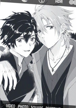 2boys absurdres arm_around_shoulder collarbone crow_armbrust double-parted_bangs ear_piercing eiyuu_densetsu greyscale hair_between_eyes highres jewelry kai_no_kiseki kuro_no_kiseki_(series) looking_at_viewer male_focus monochrome multiple_boys open_mouth pearscoke pendant piercing rean_schwarzer selfie smile upper_body viewfinder