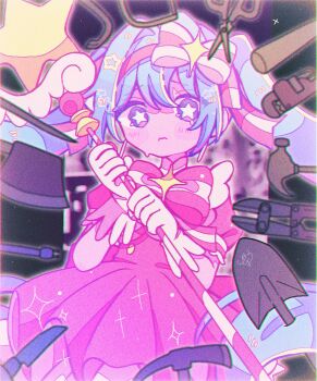 1girl 3: blue_hair bow bowtie bright_pupils chromatic_aberration closed_mouth commentary cowboy_shot double-parted_bangs dress film_grain frilled_sleeves frills from_below gloves hair_between_eyes hair_bow hair_intakes halftone halftone_background hands_up hatsune_miku highres holding holding_wand ima_sugu_rinne_(vocaloid) long_hair looking_at_viewer outline outside_border pillarboxed pink_bow pink_bowtie pink_dress pink_outline puffy_short_sleeves puffy_sleeves purple_eyes raised_inner_eyebrows scissors short_sleeves solo sparkle standing star-shaped_pupils star_(symbol) star_wand striped_bow striped_bowtie striped_clothes sweatdrop symbol-only_commentary symbol-shaped_pupils twintails two-tone_bow two-tone_bowtie very_long_hair vocaloid wand white_bow white_bowtie white_gloves white_pupils yo_(wetpotatosunsun)
