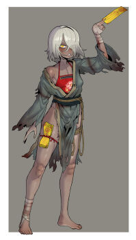 Rule 34 | 1girl, absurdres, bandaged arm, bandaged leg, bandages, between fingers, blush, body freckles, body writing, breasts, chinese clothes, chinese commentary, clenched teeth, collarbone, commentary request, dark-skinned female, dark skin, dirty, dirty clothes, dudou, ebonyxh, eyes visible through hair, flower, freckles, full body, grey background, hair over one eye, highres, holding, looking at viewer, lotus, lotus print, ofuda, ofuda between fingers, open mouth, original, ringed eyes, rope, rope around waist, sash, scar, scar on neck, short hair, simple background, small breasts, eylin eyla (ebonyxh), solo, standing, tally, teeth, torn clothes, white background, white hair, yellow eyes