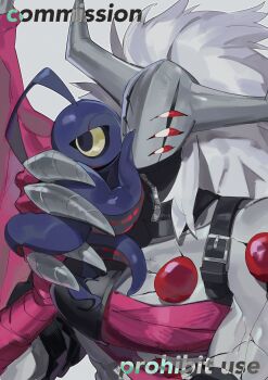 1boy colored_skin commission confeito000_333 demon digimon digimon_(creature) grey_hair grey_skin highres horns long_hair negamon neodevimon simple_background upper_body white_background