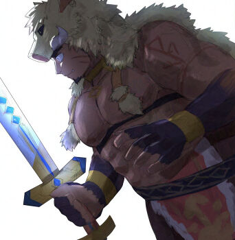 1boy abs animal_hood bara bare_pectorals boar_boy boar_hood boar_tail body_fur chest_harness cowboy_shot facial_hair from_side fur_(clothing) goatee gullinbursti_(housamo) harness highres holding holding_sword holding_weapon hood large_pectorals looking_ahead male_focus muscular muscular_male nipples pectorals profile serious solo standing strongman_waist suna_sand1 sword thick_eyebrows tokyo_houkago_summoners tusks weapon wide-eyed