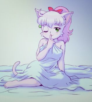 1girl animal_ear_fluff animal_ears bed_sheet body_fur bow cat_ears cat_girl cat_tail closed_mouth commentary_request covering_privates earrings finger_to_mouth furry furry_female green_eyes hair_bow half-closed_eyes highres holding holding_sheet jewelry long_hair looking_at_viewer miiya_miiya mizutani_kenta naked_sheet nude_cover one_eye_closed pink_fur pink_hair ponytail red_bow rpg_densetsu_hepoi single_earring sitting smile solo tail yokozuwari