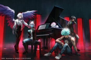 1girl 3boys another_eden black_horns boots bracelet character_request closed_mouth collared_shirt denim fishnet_pantyhose fishnets full_body horns instrument jeans jewelry looking_at_viewer multiple_boys official_art pants pantyhose piano shinwoo_choi shirt shoes sitting sneakers studded_bracelet