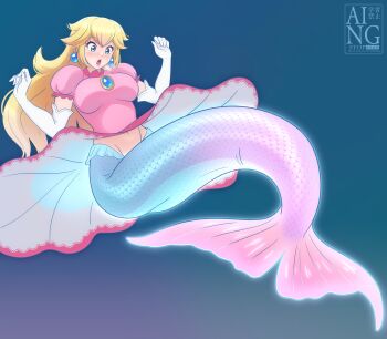 1girl absurdres blonde_hair blue_background blue_eyes blue_scales blush breasts commentary commission dress earrings elbow_gloves fins frilled_dress frills gloves gown gradient_tail groin highres jewelry juliet_sleeves kiria021 large_breasts long_hair long_sleeves looking_down mario_(series) merfolk mermaid mermaid_peach monster_girl monsterification navel nintendo open_mouth pearl_earrings pink_dress pink_lips pink_scales pixiv_commission princess_peach princess_peach:_showtime! puffy_sleeves sidelocks simple_background solo sphere_earrings steam sweatdrop untranslatable_commentary watermark white_gloves