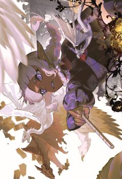 1boy androgynous braid braided_ponytail clenched_teeth dark-skinned_male dark_elf dark_skin dragon dungeon_meshi elf flute gapamopa highres holding holding_flute holding_instrument instrument laios_touden long_hair long_sleeves male_focus neck_ruff pointy_ears puff_and_slash_sleeves puffy_sleeves purple_eyes sidelocks single_braid solo symbol-shaped_pupils teeth thistle_(dungeon_meshi) wavy_hair white_hair wyvern