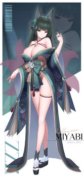 1girl absurdres alternate_breast_size_(larger) animal_ear_fluff animal_ears barcode bare_shoulders black_hair blunt_bangs breasts brown_ribbon character_name commentary english_commentary fox_ears fox_girl fox_shadow_puppet green_background green_kimono green_ribbon hair_ornament highres hoshimi_miyabi japanese_clothes kimono large_breasts lemonpear long_hair looking_at_viewer off_shoulder okobo open_clothes open_kimono platform_sandals red_eyes red_nails ribbon sandals socks solo standing tabi thigh_strap twitter_username white_socks zenless_zone_zero zoom_layer