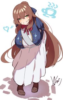 Rule 34 | 1girl, alternate breast size (larger), arms behind back, artist name, blue jacket, blue ribbon, blush, bow, bowtie, breasts, brown hair, brown shoes, commentary, english commentary, girls' frontline, hair between eyes, hair ribbon, hanging breasts, heart, highres, huge breasts, jacket, long hair, long skirt, looking at viewer, parted lips, ponytail, red bow, red bowtie, ribbon, shirt, shoes, signature, skirt, smile, solo, springfield (girls' frontline), standing, very long hair, vinsycal, white shirt, white skirt, yellow eyes