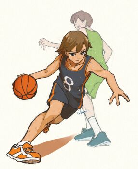 2boys ball basketball_(object) basketball_uniform black_eyes black_shorts brown_hair commentary_request dark-skinned_male dark_skin dribbling_(basketball) faceless faceless_male green_shorts hair_behind_ear kel_(faraway)_(omori) kel_(omori) male_focus multiple_boys omori open_mouth orange_shoes rami_1300 shoes short_hair shorts simple_background sneakers socks sportswear white_background white_socks