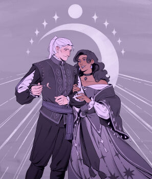 1boy 1girl absurdres alternate_skin_color black_choker black_dress black_hair black_jacket black_nails black_pants choker commentary crescent dark-skinned_female dark_skin dress earrings english_commentary fork geralt_of_rivia grey_background highres holding holding_fork jacket jewelry long_hair looking_at_another onlymagpie pants ponytail purple_eyes shrimp the_witcher_(netflix) the_witcher_(series) white_hair yennefer_of_vengerberg