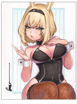 1girl alternate_costume animal_ears arknights arknights:_endfield artist_name avywenna_(arknights) bare_arms bare_shoulders black_bow black_bowtie black_hairband black_leotard blonde_hair blue_eyes blush border bow bowtie breasts brown_thighhighs cleavage commentary cowboy_shot detached_collar english_commentary eyelashes fishnet_thighhighs fishnets full_cleavage hairband hand_on_own_chest hands_up highleg highleg_leotard index_finger_raised lace lace-trimmed_thighhighs lace_trim leotard looking_at_viewer medium_breasts omar_dogan open_mouth playboy_bunny protected_link rabbit_ears scan short_hair sideways_glance signature simple_background sitting solo thighhighs traditional_bowtie traditional_media white_border white_wrist_cuffs wrist_cuffs