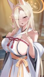 Rule 34 | 1girl, animal ears, asymmetrical bangs, blonde hair, blue archive, blush, breasts, detached sleeves, everchix, extra ears, fox ears, hair over one eye, halo, hands on own chest, highres, huge breasts, indoors, japanese clothes, kaho (blue archive), kimono, long hair, looking at viewer, mole, mole under mouth, rope, shimenawa, sideboob, sideless outfit, solo, steaming body, sweat, very long hair, white kimono