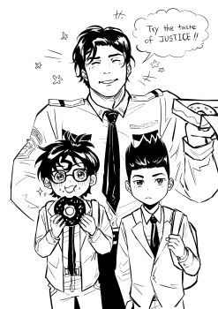 3boys absurdres child cropped_legs damian_wayne dc_comics dick_grayson donut food gozerdor highres jon_samuel_kent male_focus monochrome multiple_boys necktie pastry_box police police_uniform policeman sketch smile speech_bubble super_sons