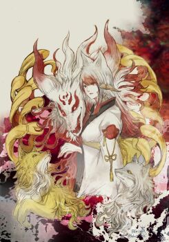 1girl animal_ears au_ra brown_horns commentary copyright_name dual_persona final_fantasy final_fantasy_xiv fox fox_ears ginko_(ff14) horns kinko_(ff14) long_hair long_sleeves multicolored_hair red_eyes red_hair ruka_(blueplus84) scales tamamo_gozen_(ff14) tassel twitter_username two-tone_hair white_hair wide_sleeves