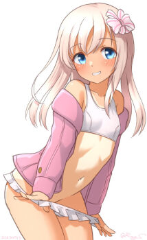 1girl 2025 20s bikini bikini_pull bikini_skirt blonde_hair blue_eyes blush bow clothes_pull collarbone flat_chest frilled_bikini frills grin hair_bow jacket july kantai_collection leaning_forward loli long_hair long_sleeves looking_at_viewer navel nontraditional_school_swimsuit off-shoulder_jacket off_shoulder one-piece_swimsuit one-piece_tan open_clothes open_jacket pink_jacket ray.s ro-500_(kancolle) ro-500_(swimsuit)_(kancolle) school_swimsuit simple_background smile solo swimsuit tan tanline teeth twitter_username undressing white_background white_bikini white_bow white_swimsuit