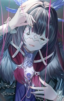1girl black_hair blue_bow bow closed_eyes coat columbina_(genshin_impact) commentary_request dress eye_mask feathered_wings fur_coat genshin_impact hair_ornament head_tilt head_wings highres long_hair mask mitsu336 multicolored_hair open_mouth purple_hair see-through_clothes see-through_mask solo streaked_hair thread two-tone_hair white_wings wings